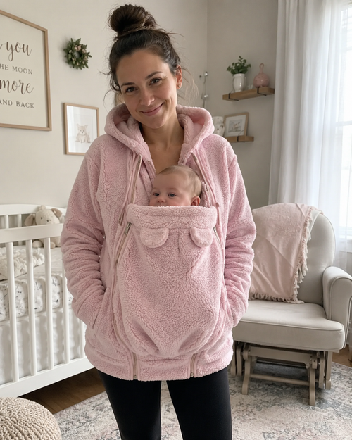 Mom wearing blush pink Snoozeroo fleece hoodie with sleeping baby in built-in pouch, nursery
