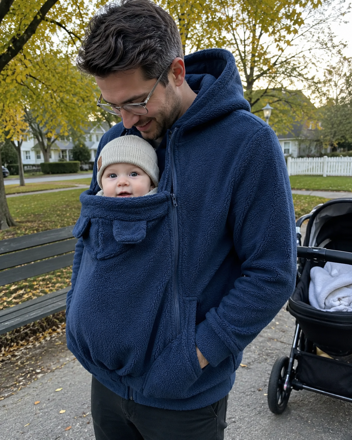 Dad wearing navy Snoozeroo hoodie with baby in pouch on autumn walk