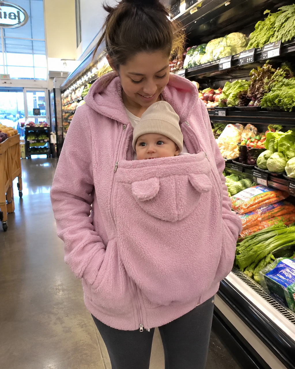 Hands-free grocery run with baby in blush pink Snoozeroo pouch