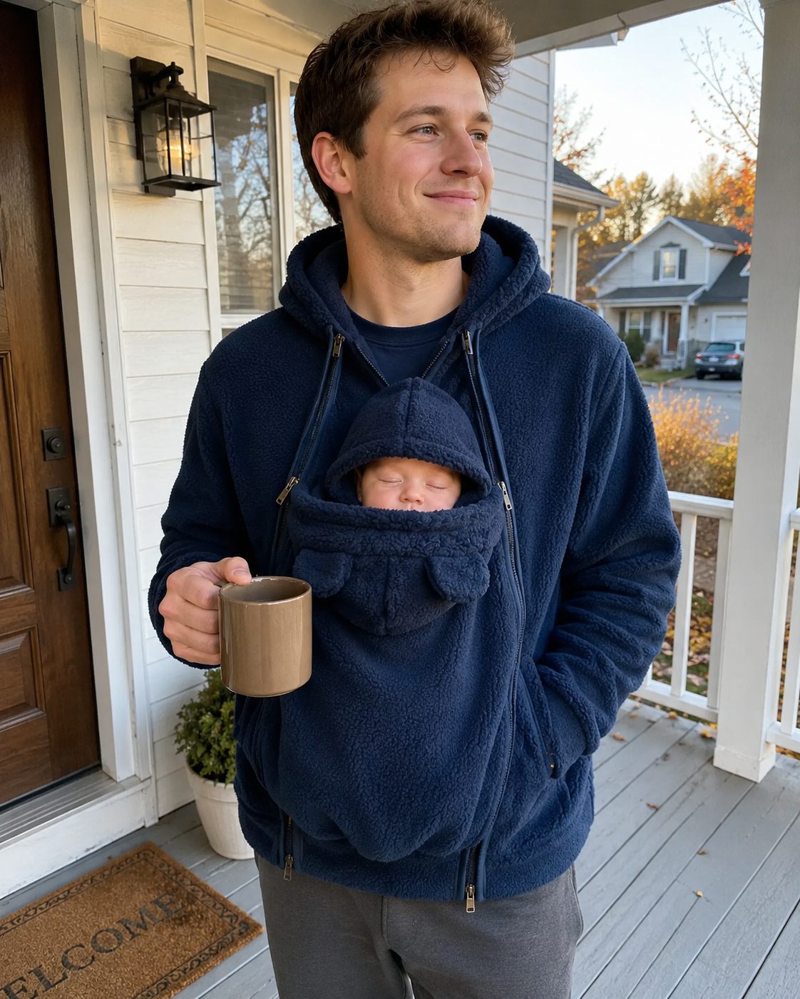 Dad on porch with morning coffee, baby in navy Snoozeroo pouch