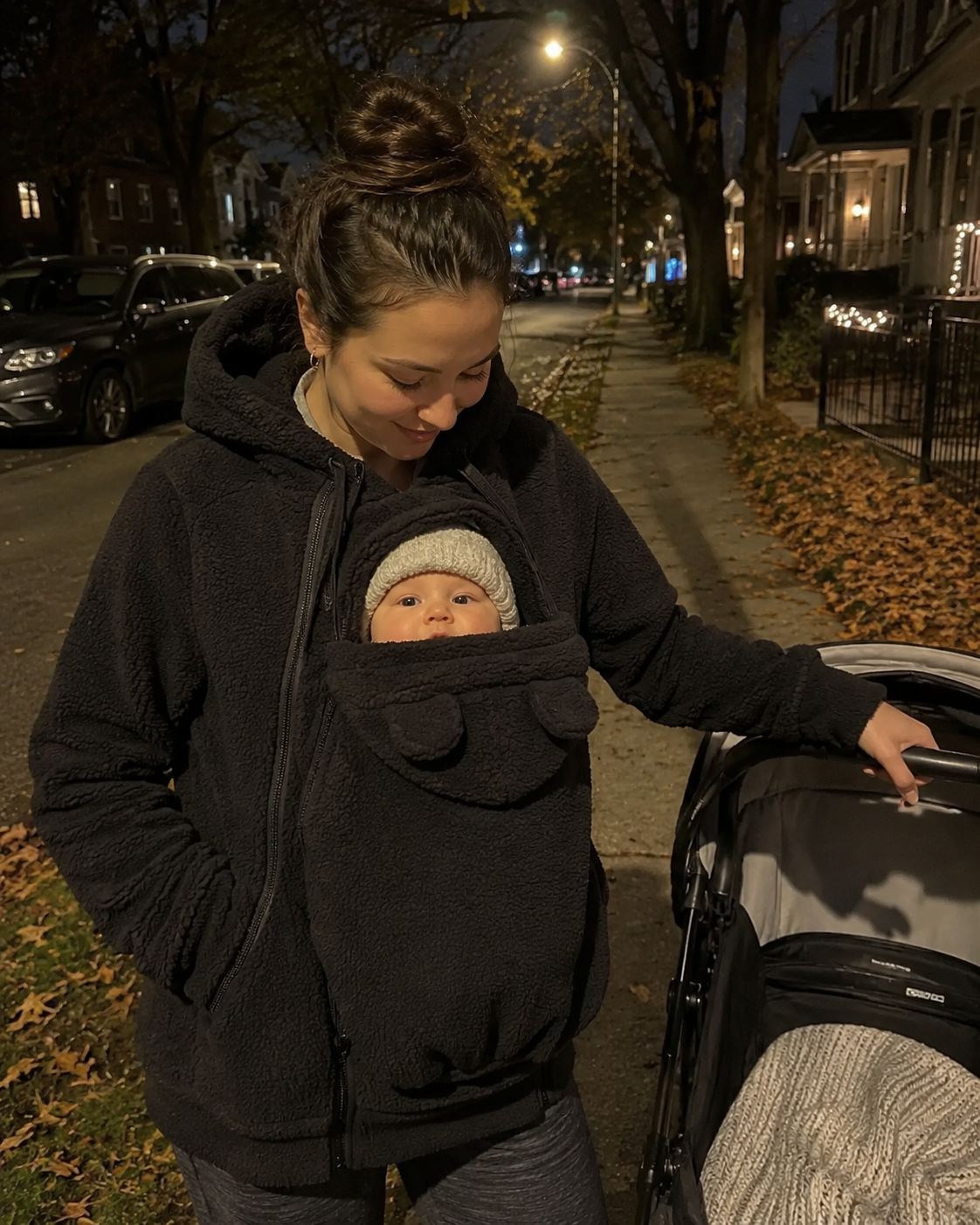 Evening stroll — baby cozy in black Snoozeroo fleece pouch hoodie